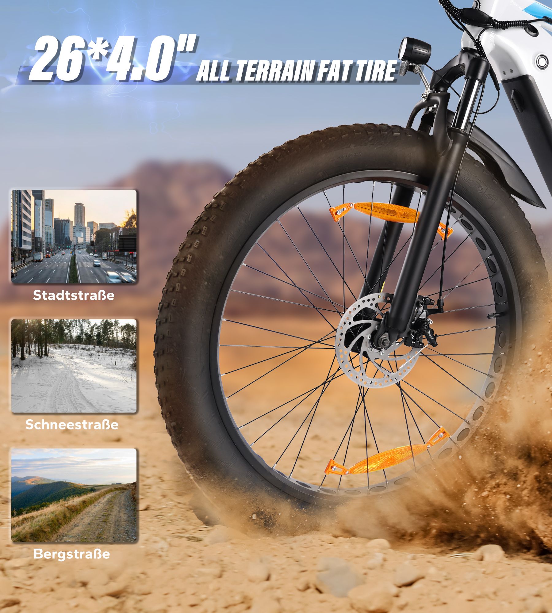 E-Bike mit 26*4.0" All-Terrain-Reifen. Stadt-, Schnee- und Bergstraßen-Darstellung. Reflektoren an den Reifen.