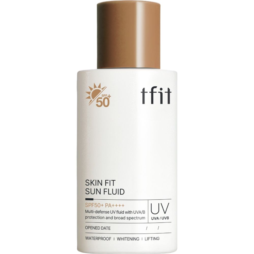 Weiße Flasche mit braunem Deckel. Aufschrift: tfit, Skin Fit Sun Fluid SPF50+ PA++++. UV-Schutz-Symbol.