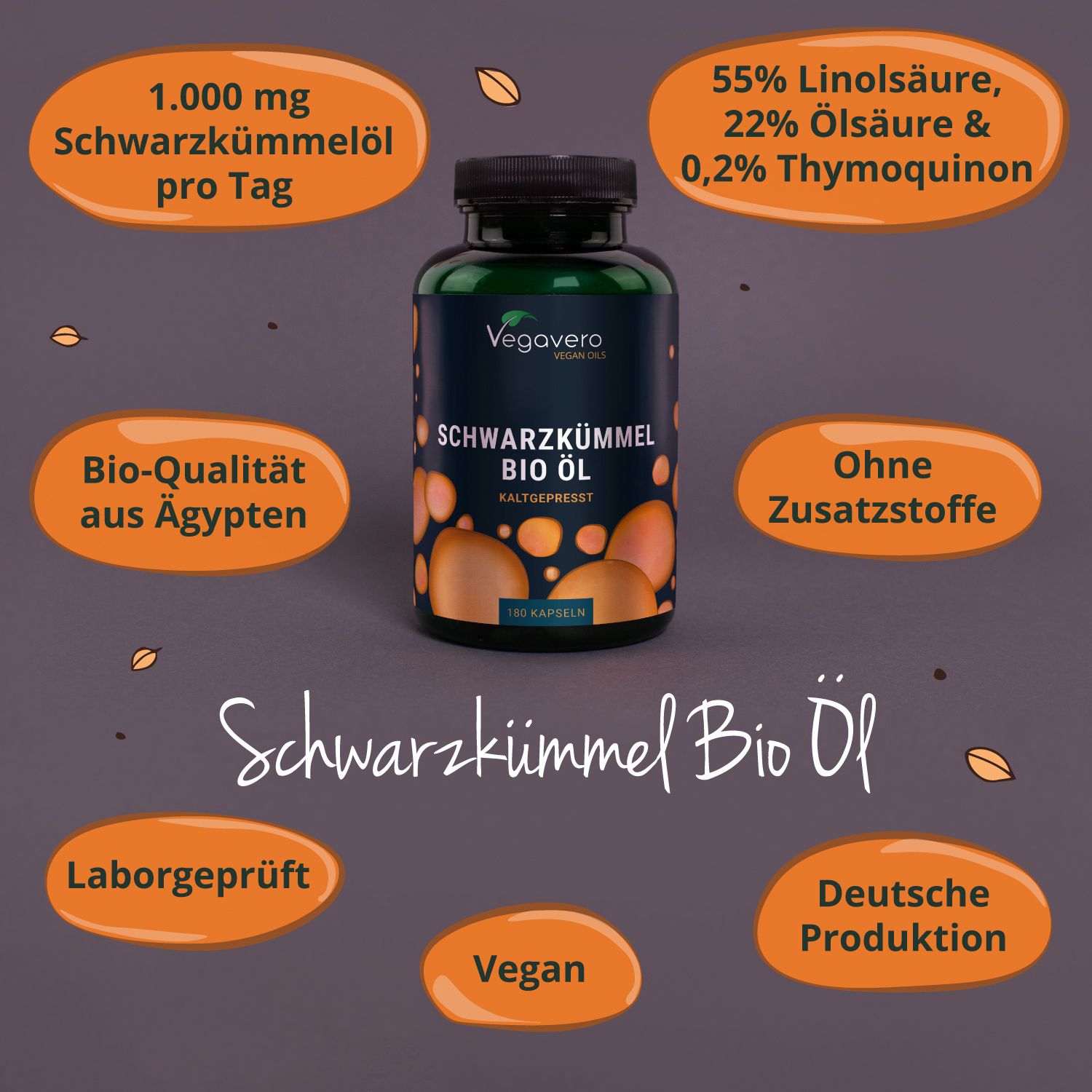 Flasche Schwarzkümmel Bio Öl mit Textfeldern. Informationen zu Inhaltsstoffen, Qualität und Herkunft.