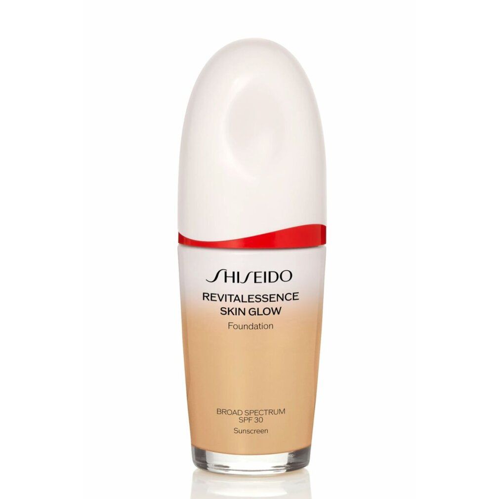 Shiseido Revitalessence Skin Glow Foundation. Flasche mit weißem Deckel, rotem Akzent und Farbverlauf. Produktname und SPF 30 auf der Flasche.