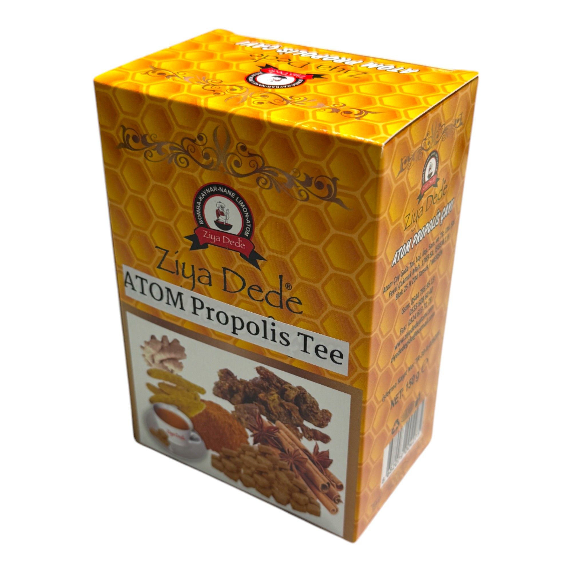 Kartonverpackung mit Produktnamen Ziya Dede ATOM Propolis Tee. Honigwabenmuster. Abbildung von Zutaten.