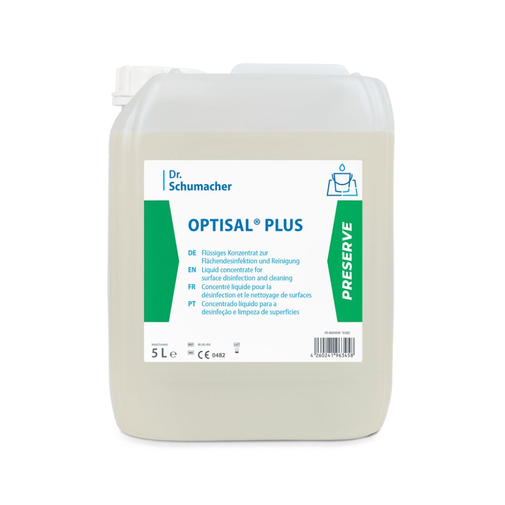 Kanister mit Optisal Plus. Etikett mit Produktname, Inhaltsangabe und Zertifizierung. 5 Ltr.