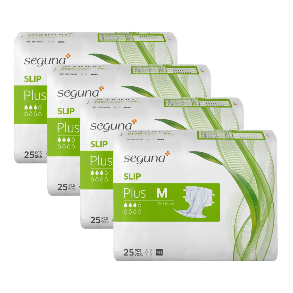 Vier Packungen SEGUNA Slip Plus. Jede Packung zeigt das Produkt, die Größe M und 25 Stück. Grün-weiße Verpackung.