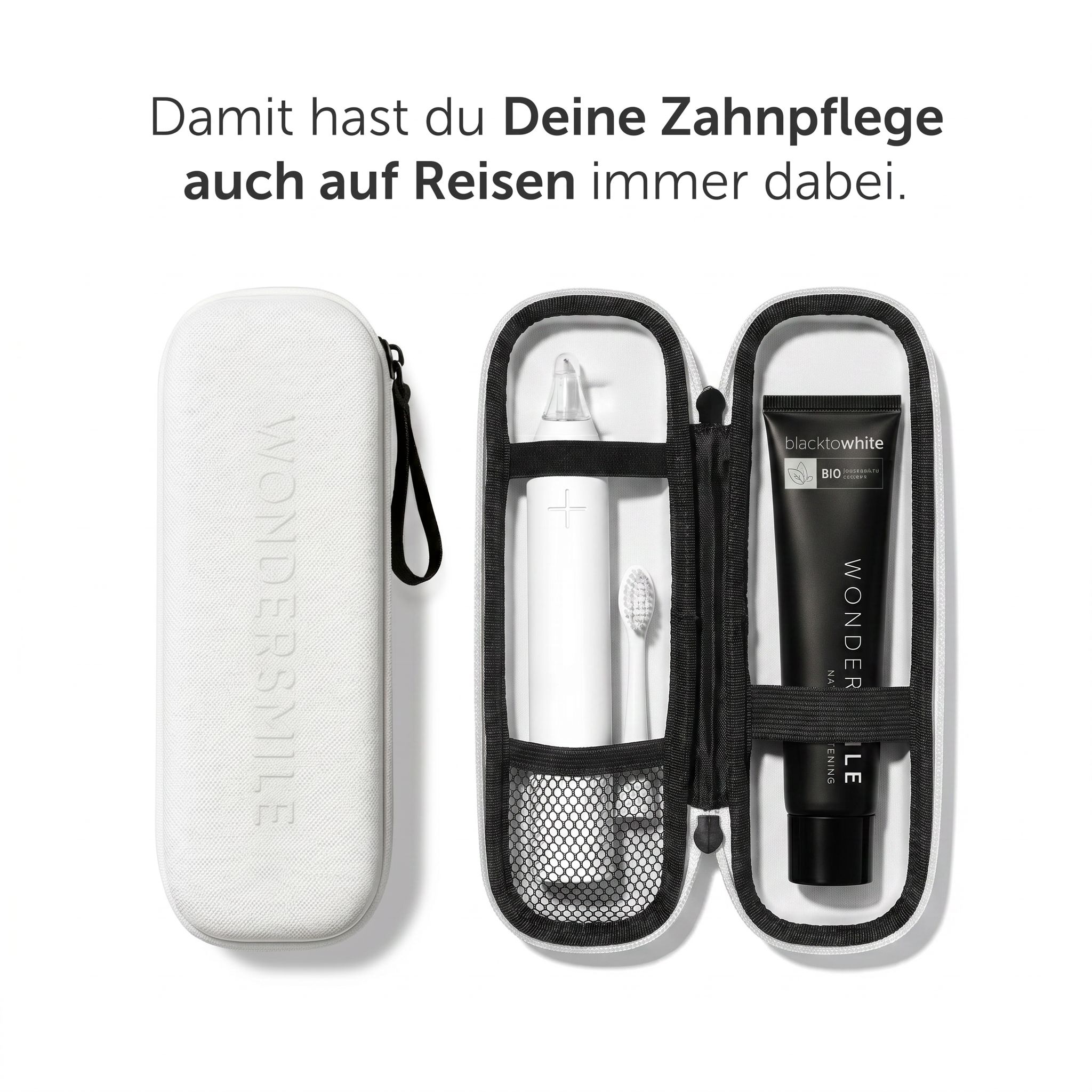 Offenes weißes Reiseetui mit Zahnbürste und Zahnpasta. Enthält eine elektrische Zahnbürste und eine Tube Zahnpasta.