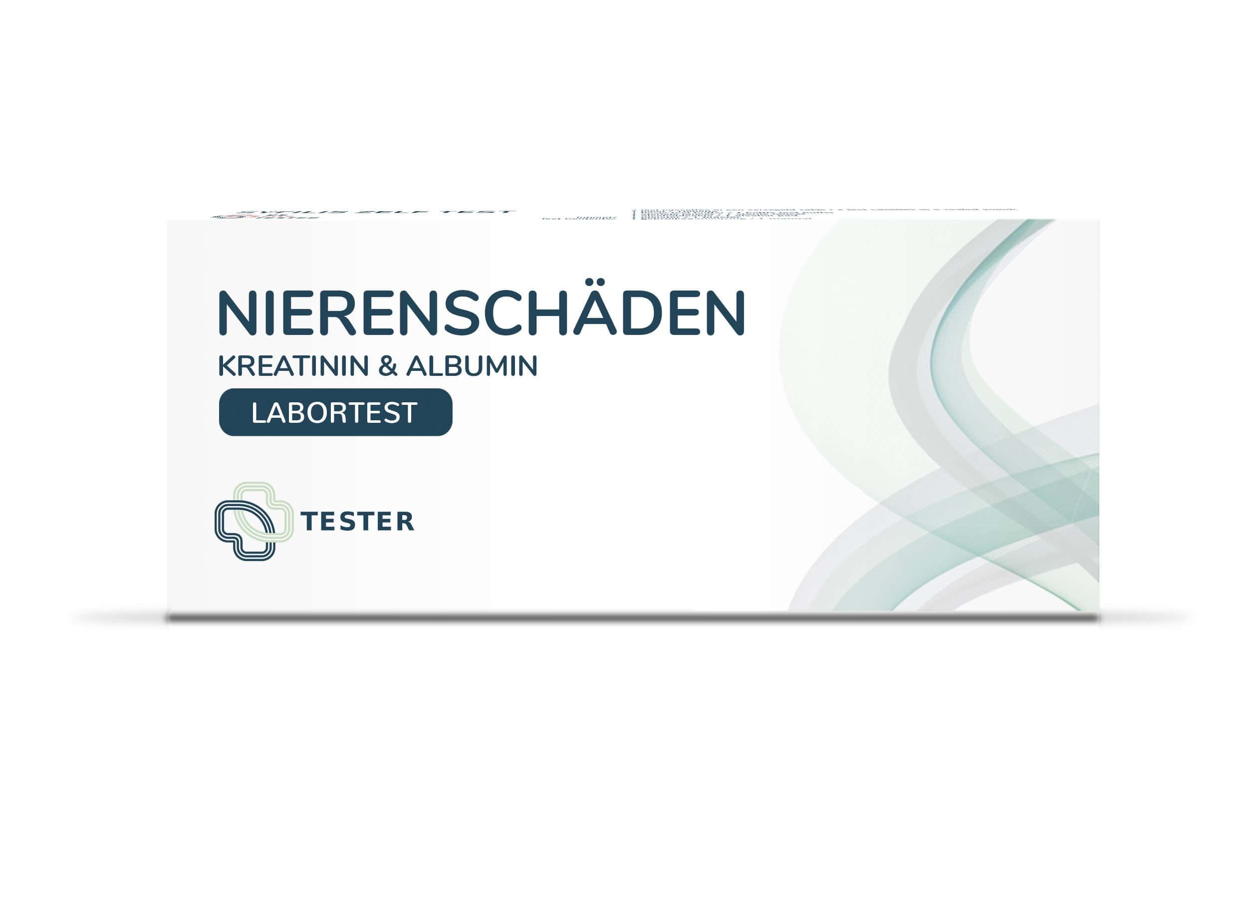 Weißer Karton mit Aufschrift Nierenschäden, Kreatinin & Albumin, Labortest. Logo und Tester-Schriftzug.