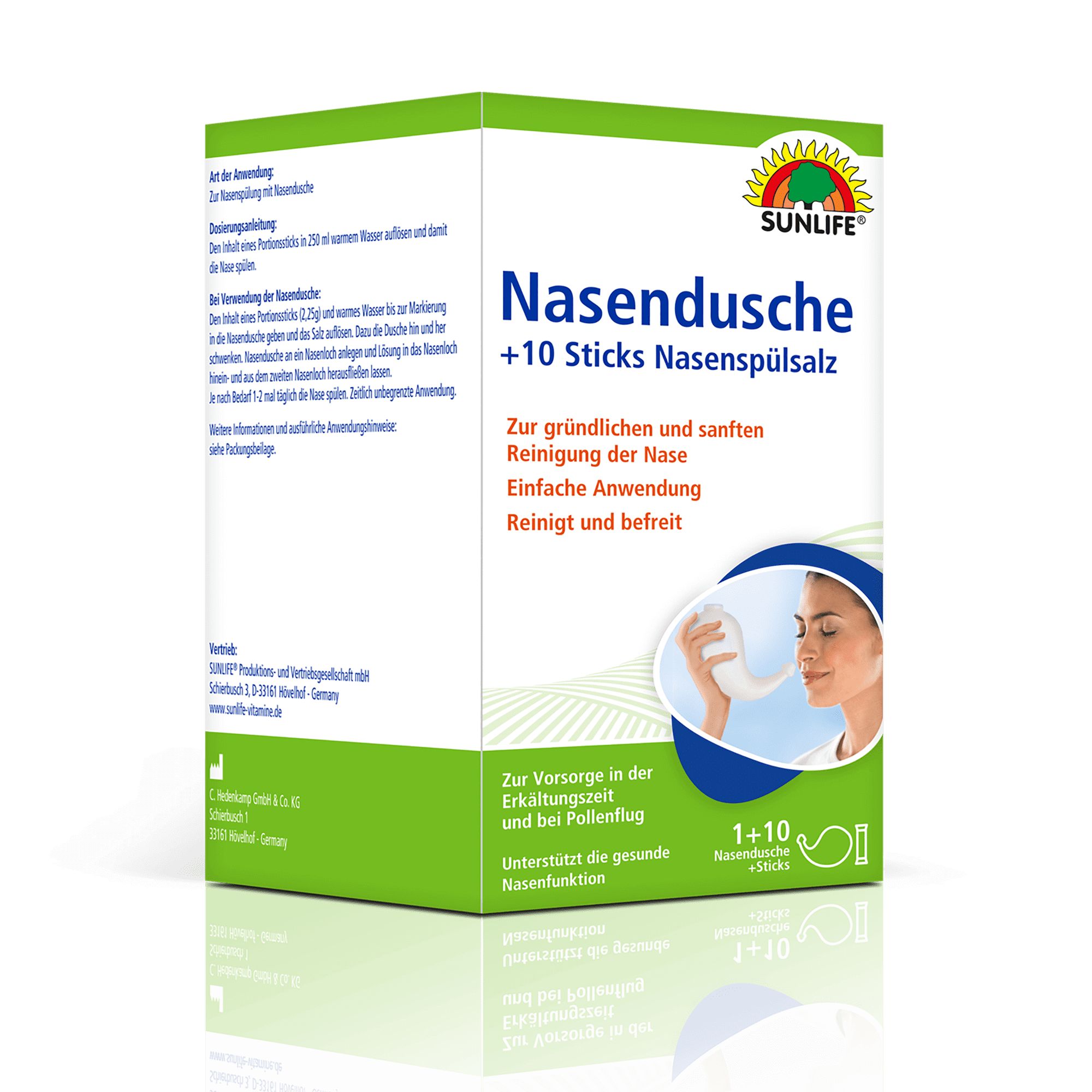 Verpackung von Sunlife Nasendusche + 10 Sticks Nasenspülsalz. Grün-weiße Schachtel mit Produktnamen, Illustration und Logo.