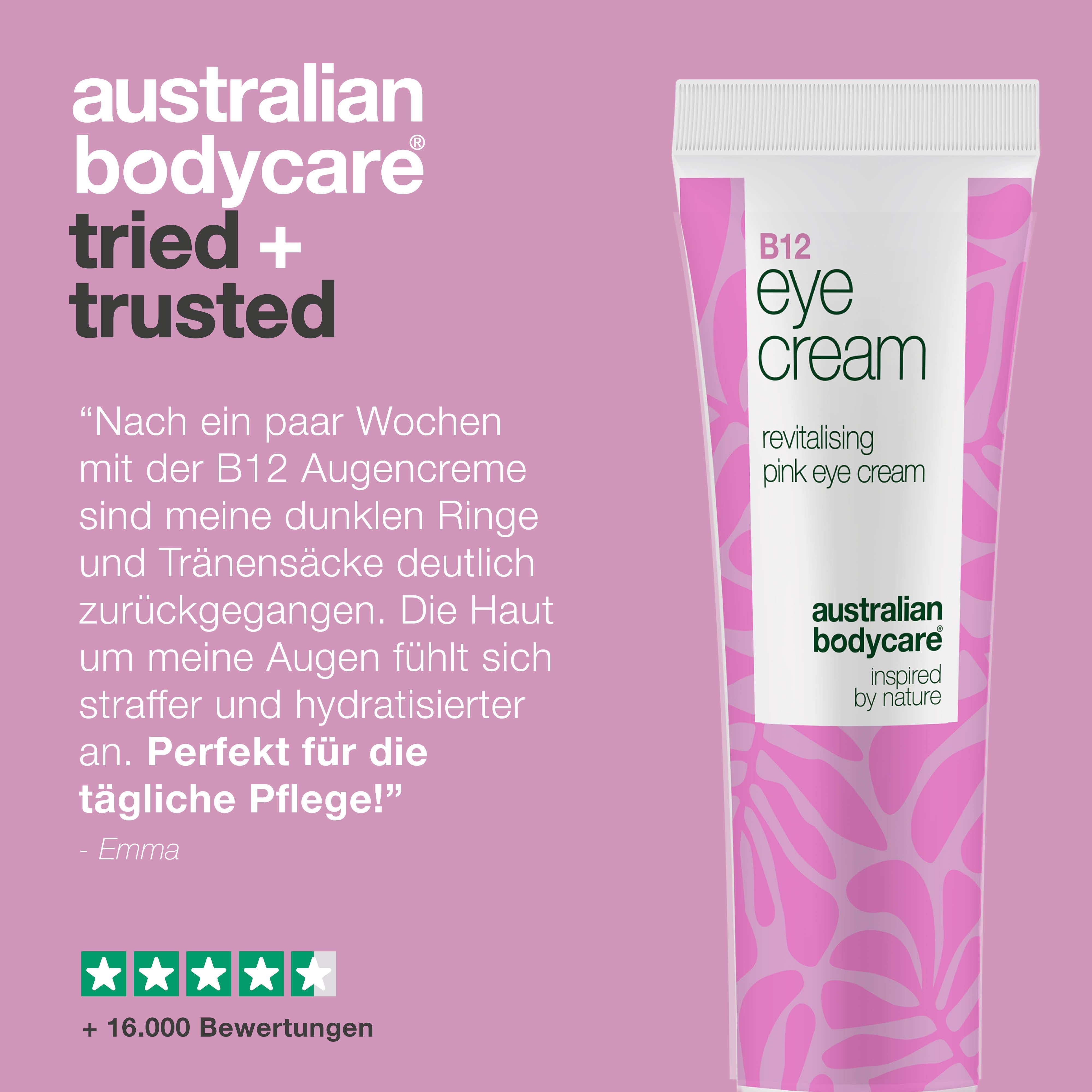 Tube Augencreme und Klecks. Text: B12 eye cream, Australian Bodycare. Zitat und 5 Sterne Bewertung.