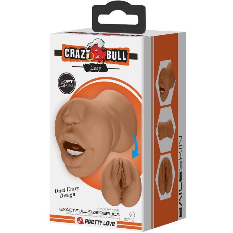 Verpackung von Crazy Bull Zoey. Produktabbildung, Text: Soft Skin, Dual Entry Design, Baileskin.