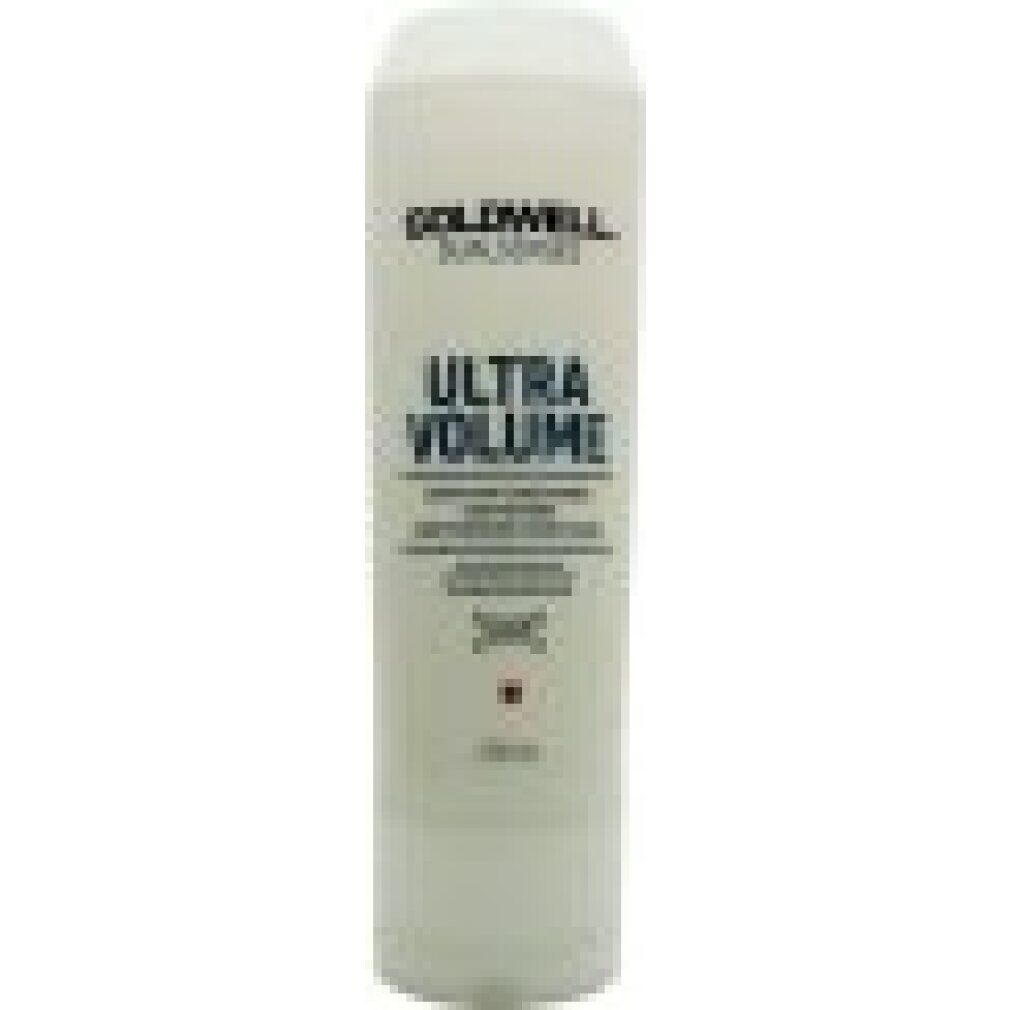 Weiße Flasche Goldwell Dual Senses Ultra Volume Conditioner. Text: Ultra Volume, 200ml. Für coloriertes Haar.