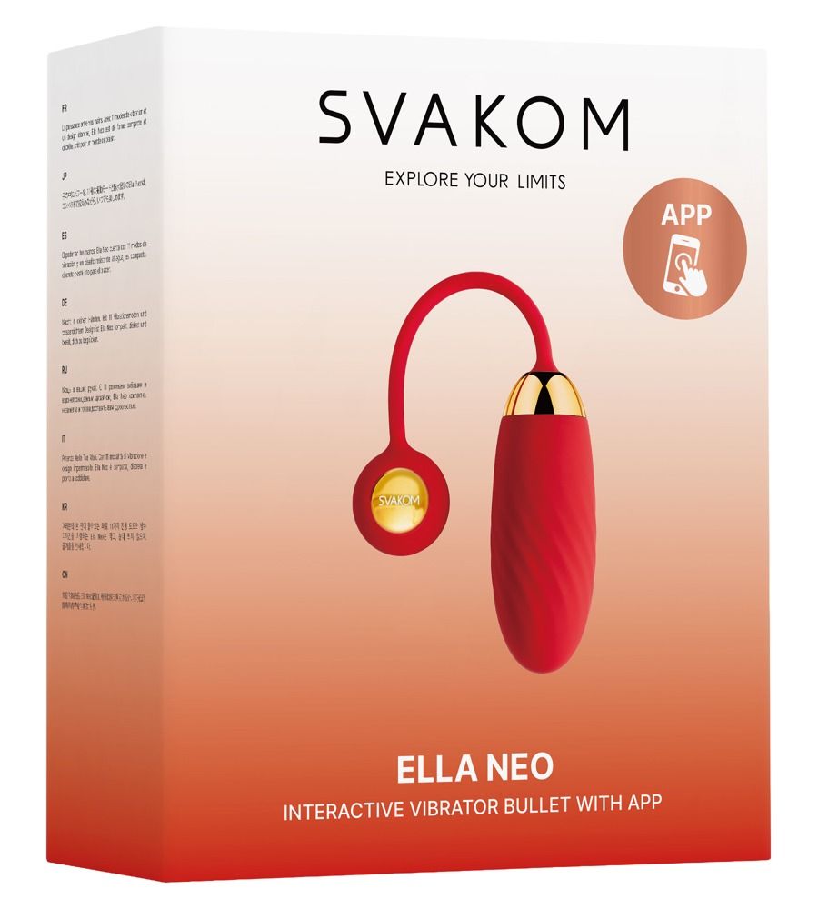 Verpackung von SVAKOM Ella Neo. Text: Interactive Vibrator Bullet with App. App-Symbol.