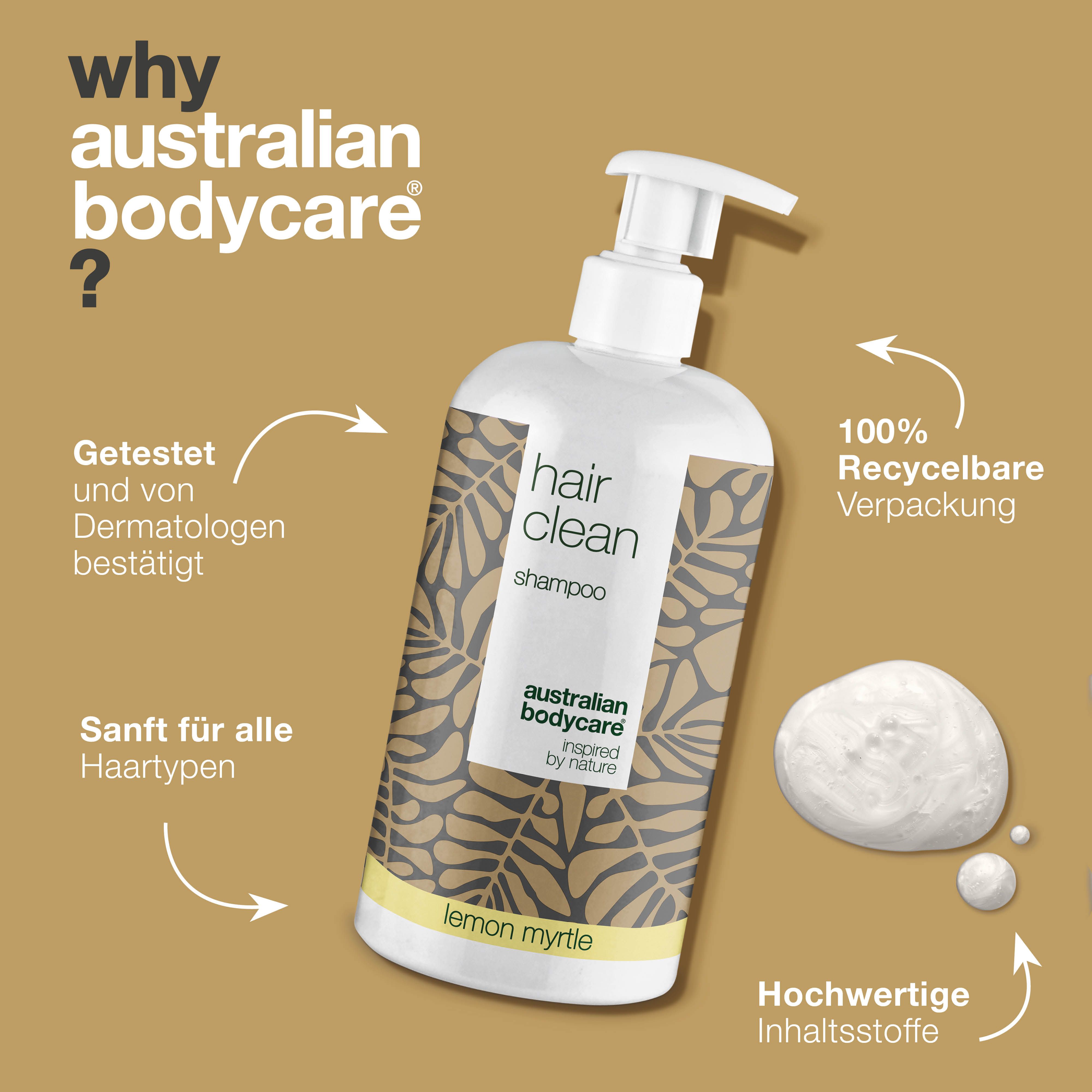 Shampoo-Flasche. Aufschrift: Hair Clean Shampoo. Marke: Australian Bodycare. Text: Warum Australian Bodycare? Vorteile.