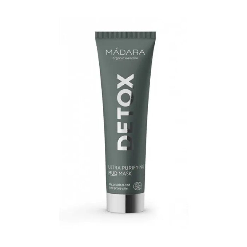 Dunkelgrüne Tube. Aufschrift: DETOX, Ultra Purifying Mud Mask. Marke: MÁDARA. Zertifizierung.