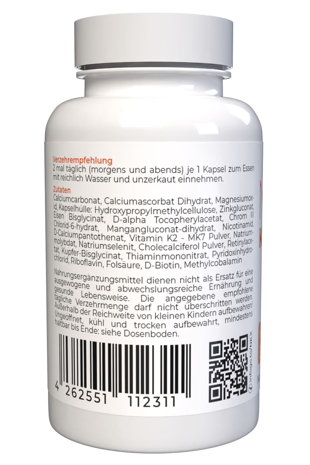 Rückseite einer weißen Kapsel-Flasche mit Etikett, das Zutaten und Verzehrempfehlung auflistet. Barcode und QR-Code sichtbar.