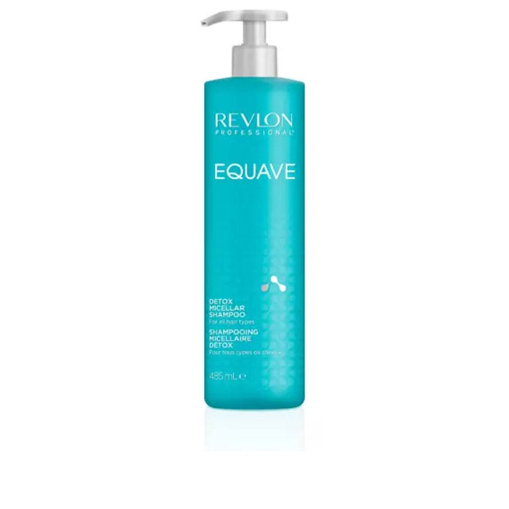 Türkisgrüne Shampoo-Flasche mit Pumpe. Aufschrift: Revlon Professional Equave, Detox Micellar Shampoo.