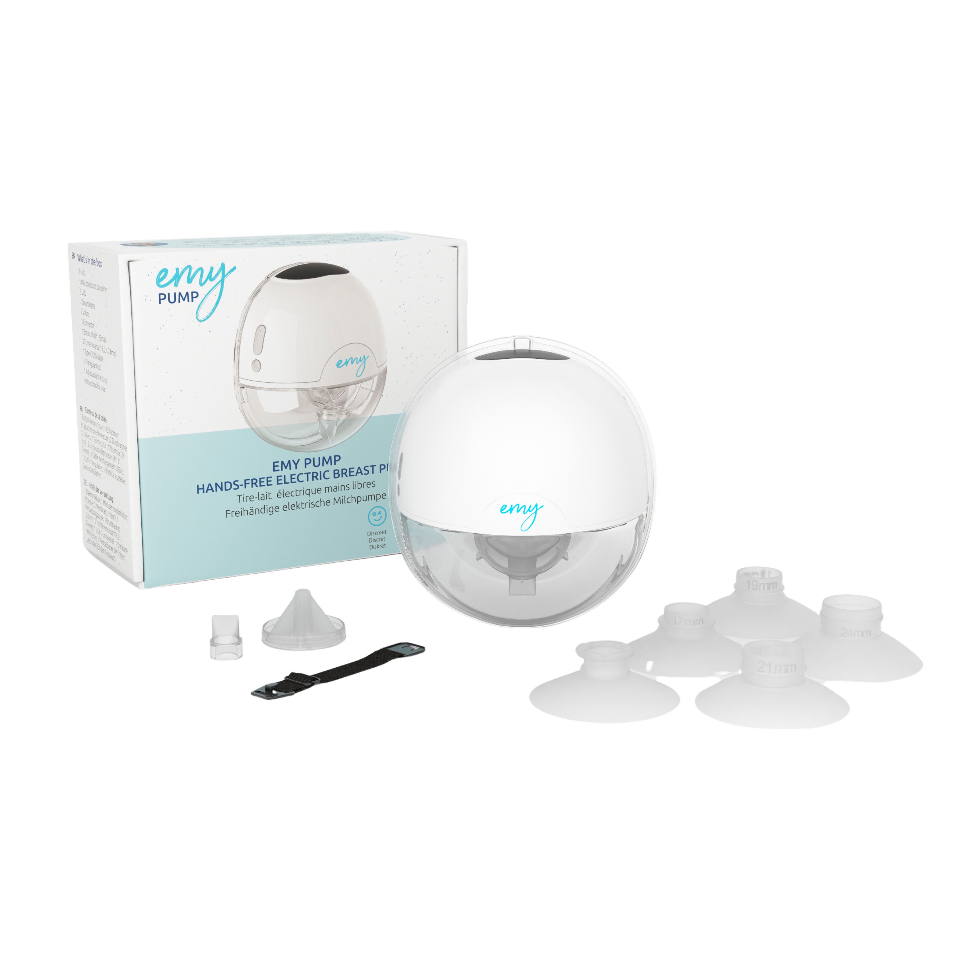 Elektrische Milchpumpe mit Zubehör und Verpackung. Enthält Sauger, Trichter, und weitere Teile. Verpackung mit Produktabbildung und Schriftzug.