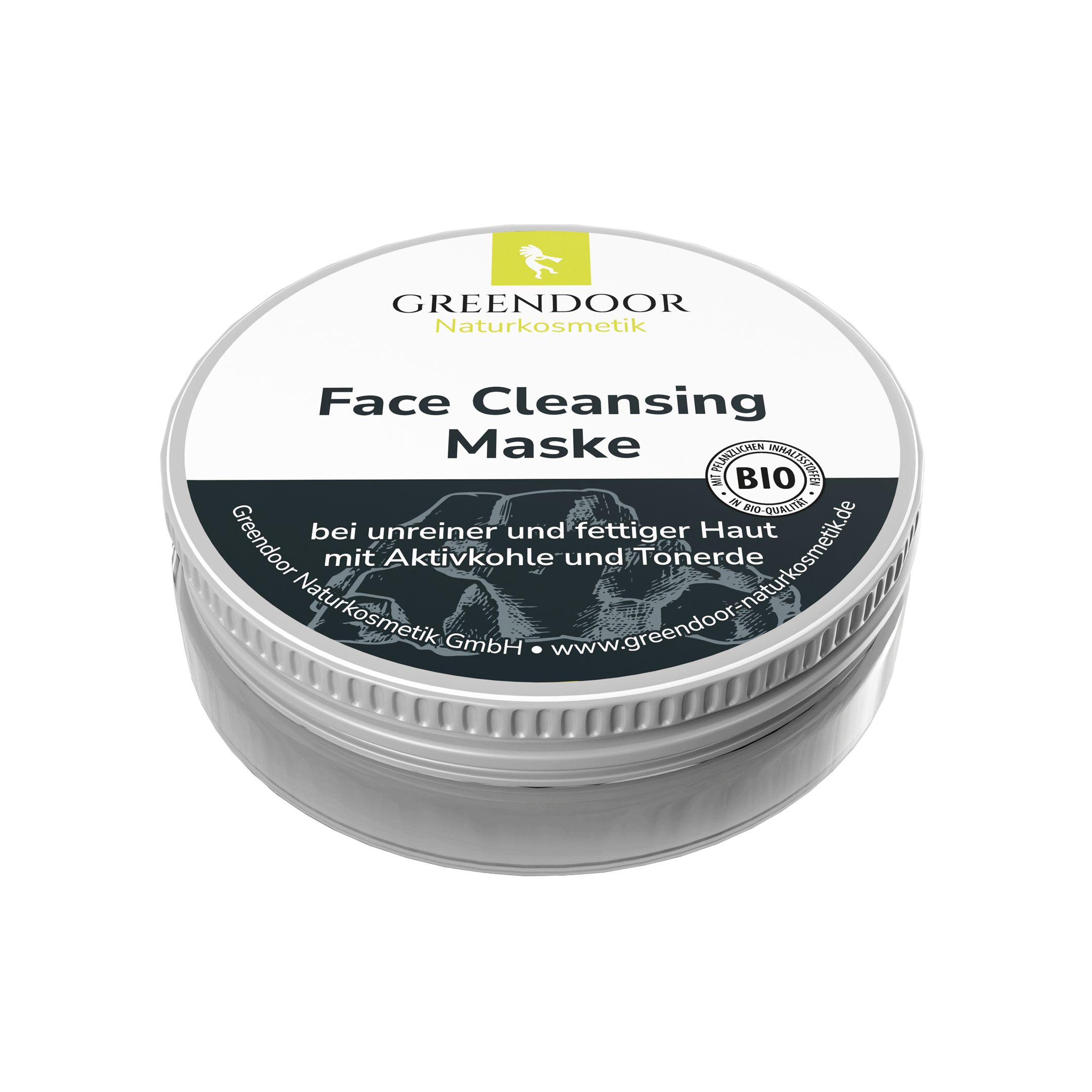 Runde Dose mit Deckel. Aufschrift: GREENDOOR Naturkosmetik, Face Cleansing Maske, BIO-Siegel. Text: bei unreiner und fettiger Haut mit Aktivkohle und Tonerde.