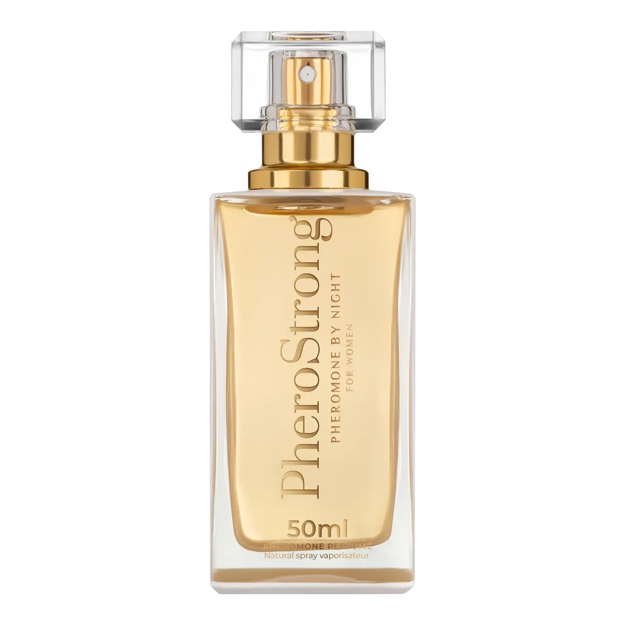Flakon mit goldfarbener Flüssigkeit. Klarer Deckel. Aufschrift: PheroStrong Pheromone By Night für Frauen. 50ml.