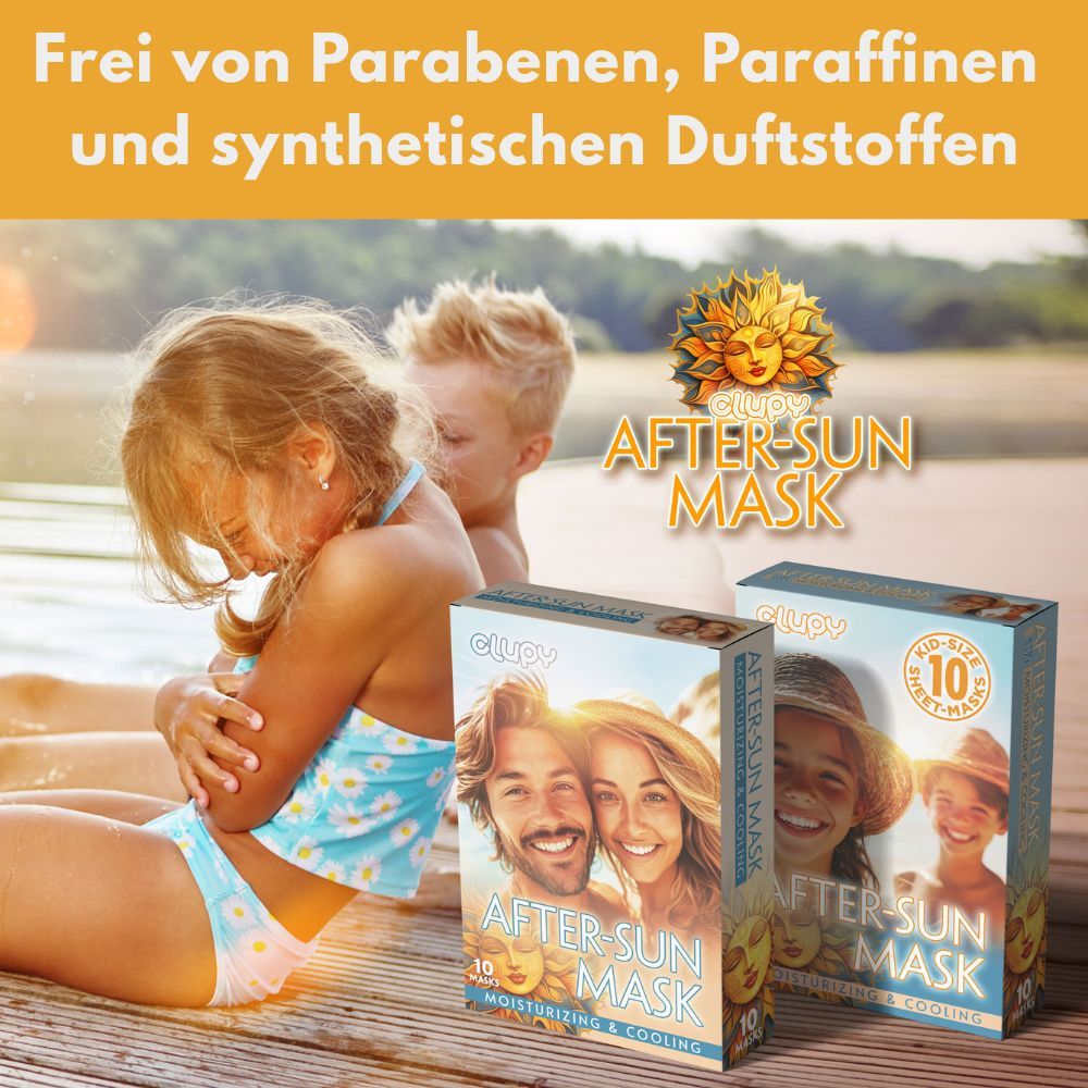 Zwei Clupy After-Sun Maske Schachteln. Text: After-Sun Mask, Kid-Size, 10 Masken. Aufschrift: Frei von Parabenen, Paraffinen und synthetischen Duftstoffen.
