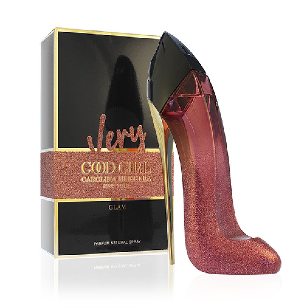 Produktverpackung und Flakon in Form eines roten High Heels. Schwarze Verpackung mit rosa Glitzerdetails.
