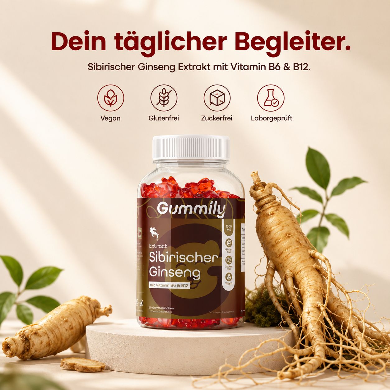 Gummily Sibirischer Ginseng Flasche mit Ginsengwurzeln, vegan, glutenfrei, zuckerfrei.