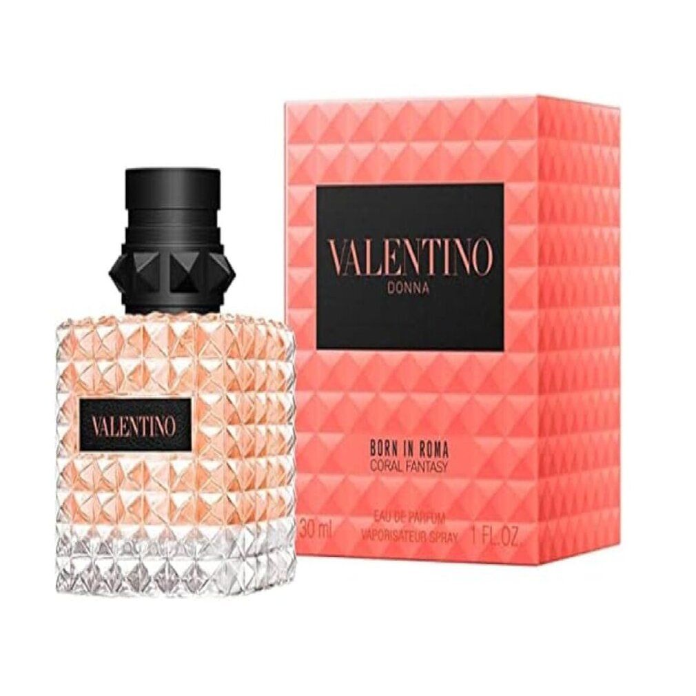 Valentino Donna Born in Roma Coral Fantasy. Flakon und Verpackung. Schwarzer Verschluss, quadratischer Flakon mit Noppenmuster.