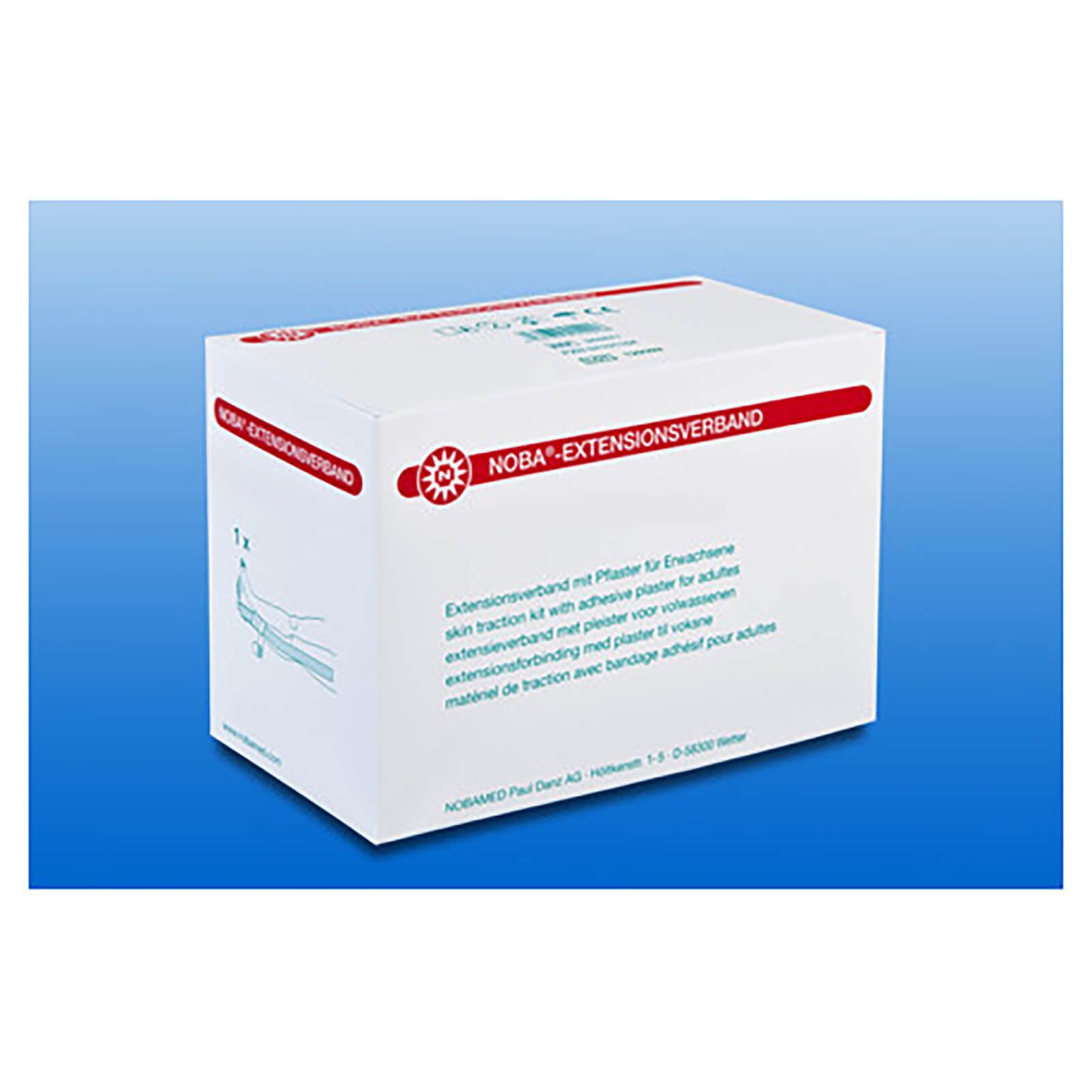 Weiße Verpackung mit rotem Logo und Text: NOBA-EXTENSIONSVERBAND. Text in Deutsch, Englisch, Niederländisch und Französisch.