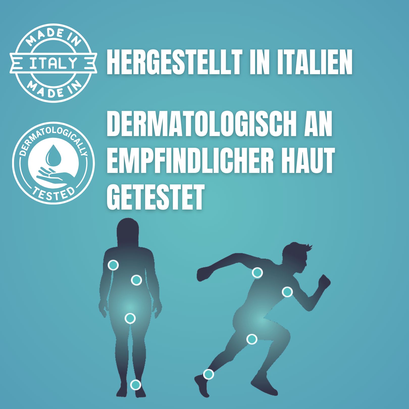 Hergestellt in Italien, dermatologisch getestet, Silhouetten von Mensch und Läufer.