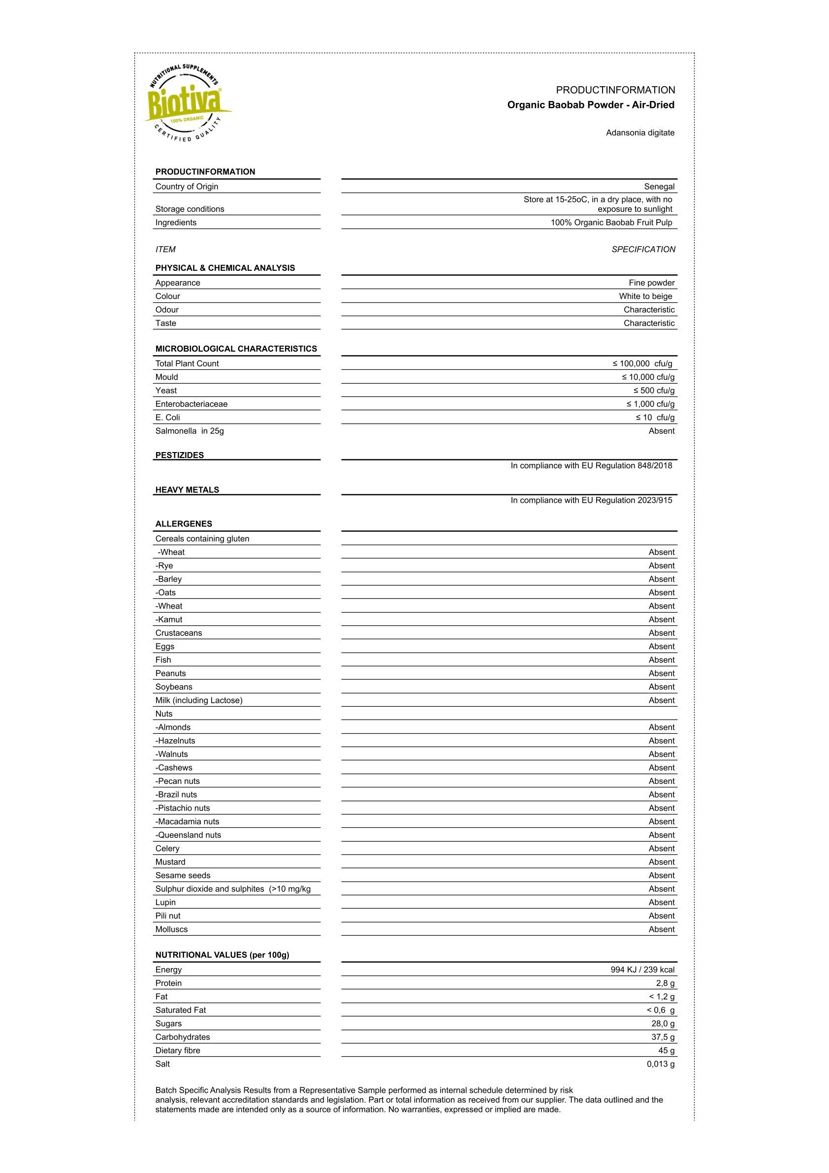 Produktinformationsblatt für Bio-Baobab-Pulver. Enthält Angaben zu Inhaltsstoffen, chemischer Analyse, Pestiziden und Nährwerten.