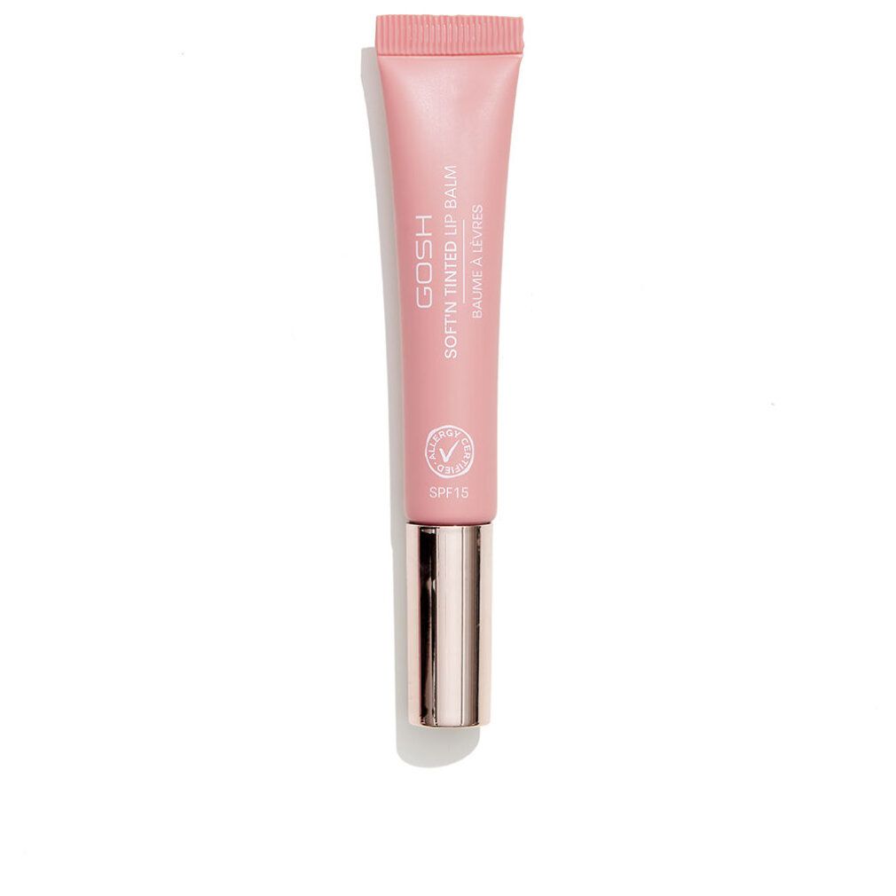 Rosa getönter Lippenbalsam in Tube. Aufschrift: GOSH Soft'n Tinted Lip Balm. Mit SPF15 und Vegan-Siegel. Metallfarbener Verschluss.