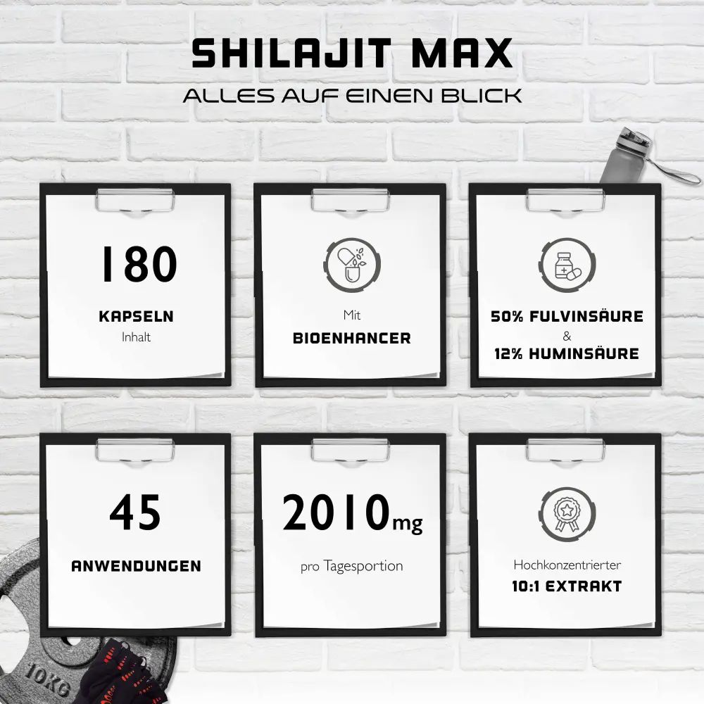 Infografik mit Shilajit Max. 6 Infokarten: 180 Kapseln, Mit Bioenhancer, 50% Fulvinsäure, 45 Anwendungen, 2010mg pro Tagesportion, 10:1 Extrakt.