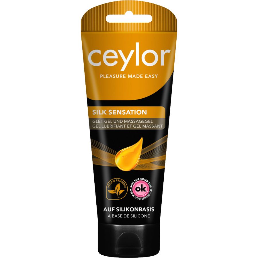 Tube mit Ceylor Silk Sensation Gleitgel. Schwarzer Hintergrund, gelbe Schrift. Auf Silikonbasis. Vegan- und Kondom-freundlich.