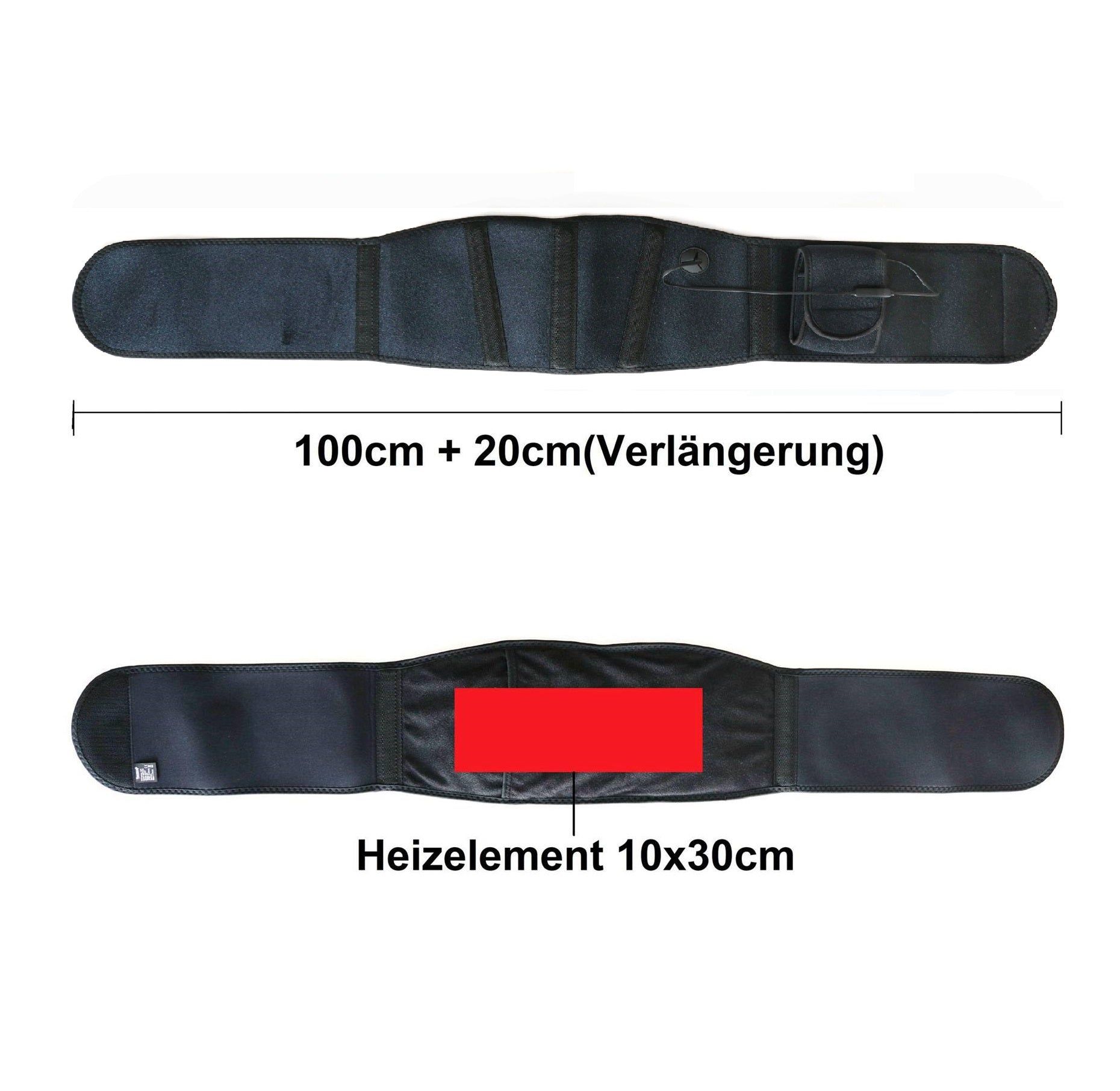 Draufsicht auf schwarzen Wärmegürtel. Maße: 100cm + 20cm Verlängerung. Rotes Heizelement 10x30cm.
