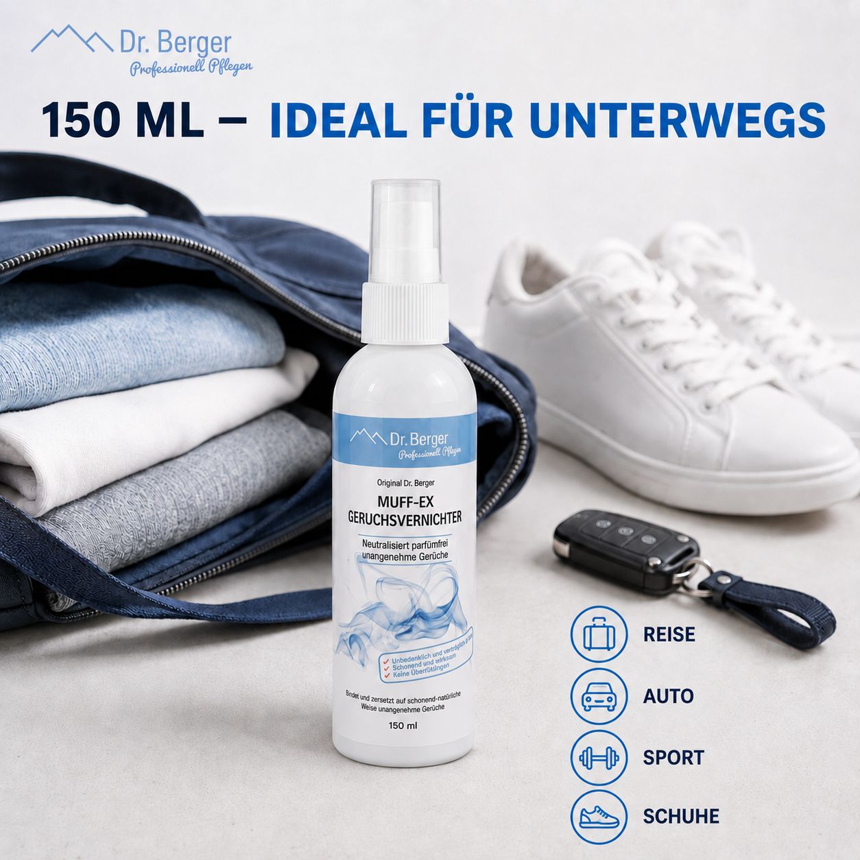Dr. Berger Muff-Ex Geruchsvernichter 150 ml Flasche neben Reiseutensilien und Schuhen.