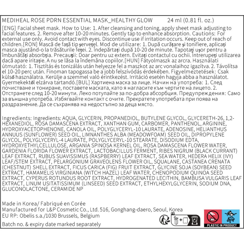 Produktinformationen der MEDIHEAL Rose PDRN Essential Tuchmaske. Inhaltsstoffe, Gebrauchsanweisung und Herstellerinformationen.