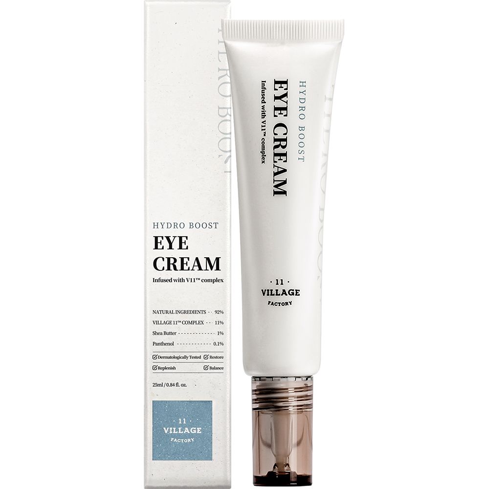 Weiße Tube und Schachtel. Text: EYE CREAM, HYDRO BOOST, VILLAGE 11 FACTORY. Inhaltsstoffe. 25ml/0.84 fl. oz.
