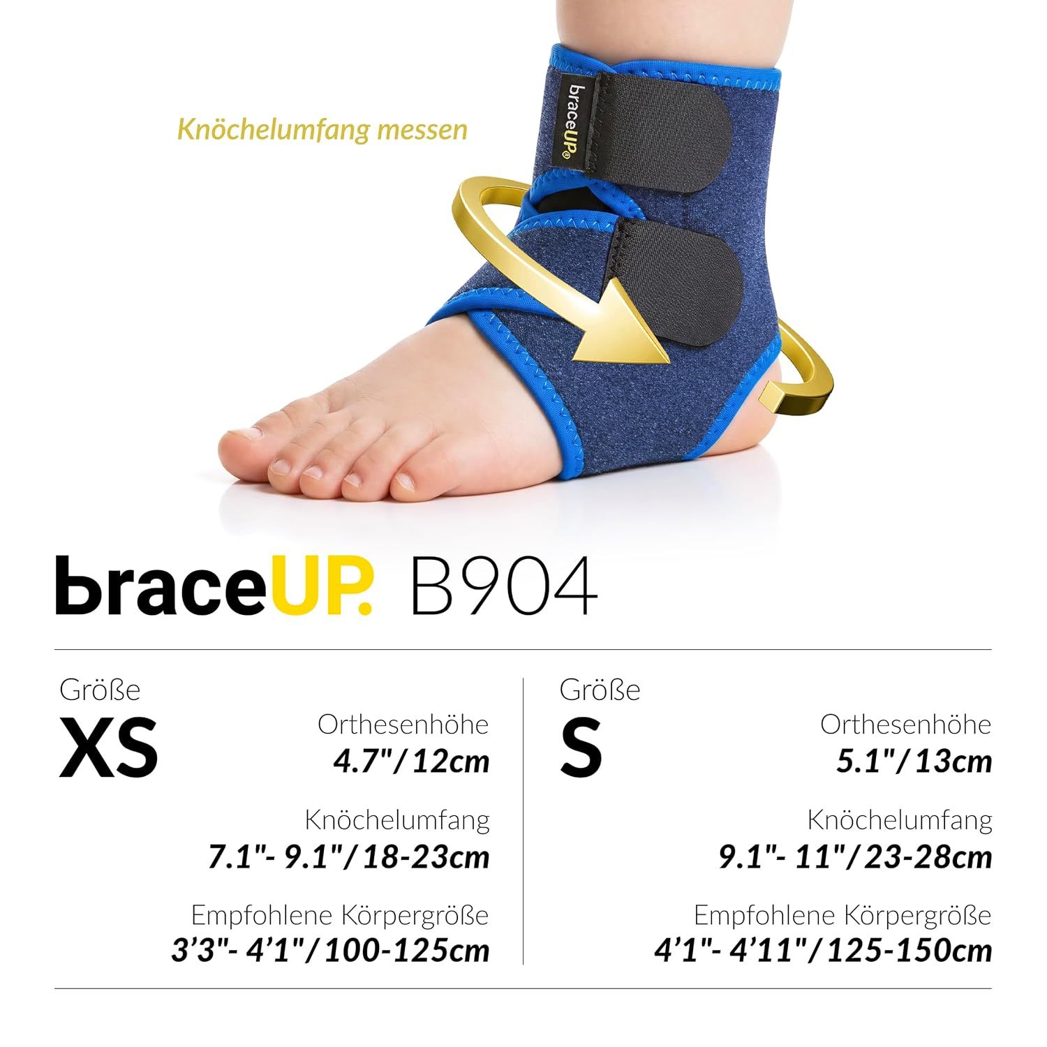 Blaues Fußgelenk-Stützband für Kinder, Modell B904, mit Größen XS und S.