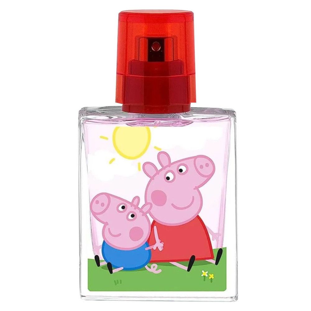 Eau de Toilette Flakon mit Peppa Pig-Motiv. Transparenter Flakon mit rotem Sprühkopf. Aufdruck mit Peppa Pig und Familie.