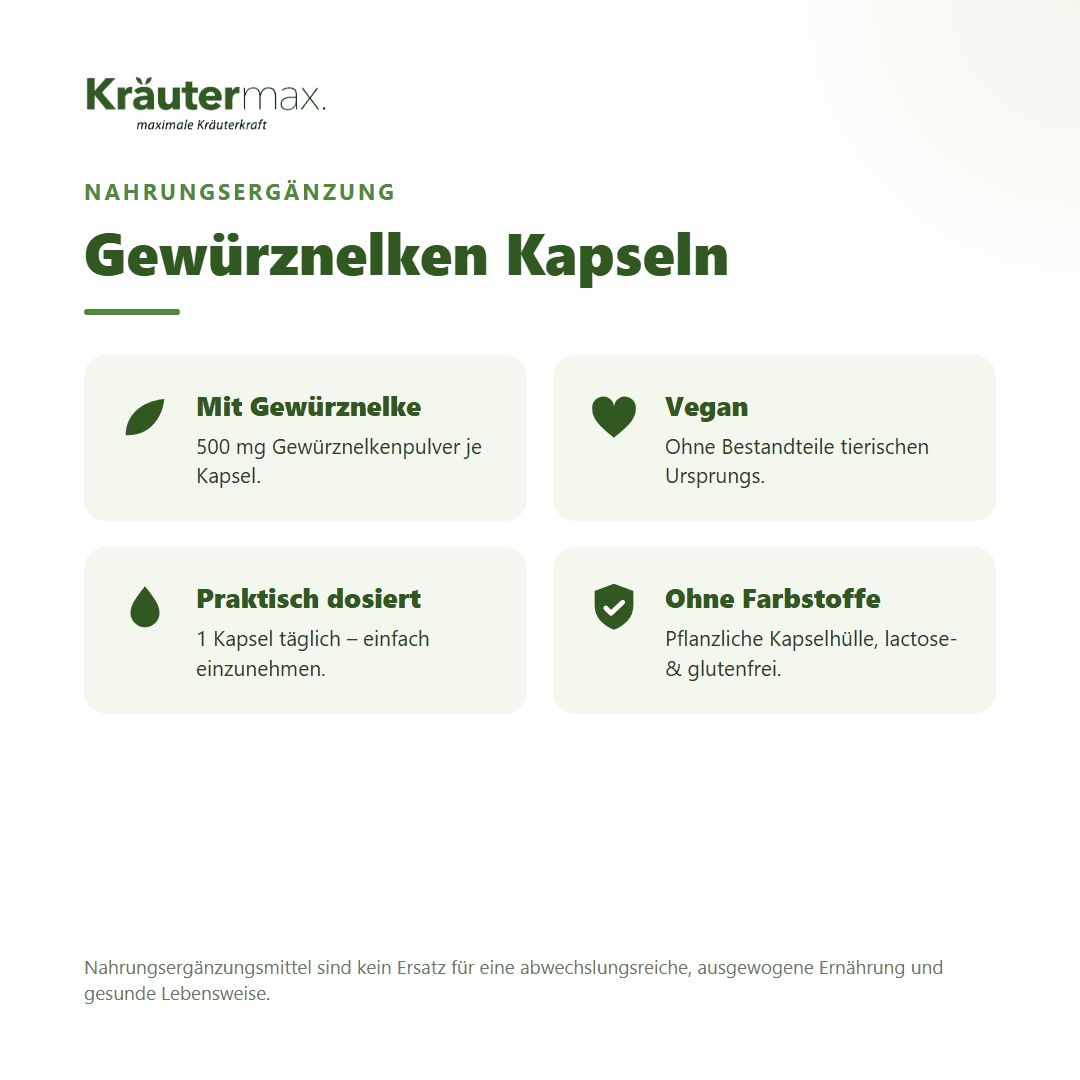 Vier Infoboxen zu Kräutermax Gewürznelken Kapseln: Inhaltsstoffe, vegan, Dosierung, ohne Farbstoffe.