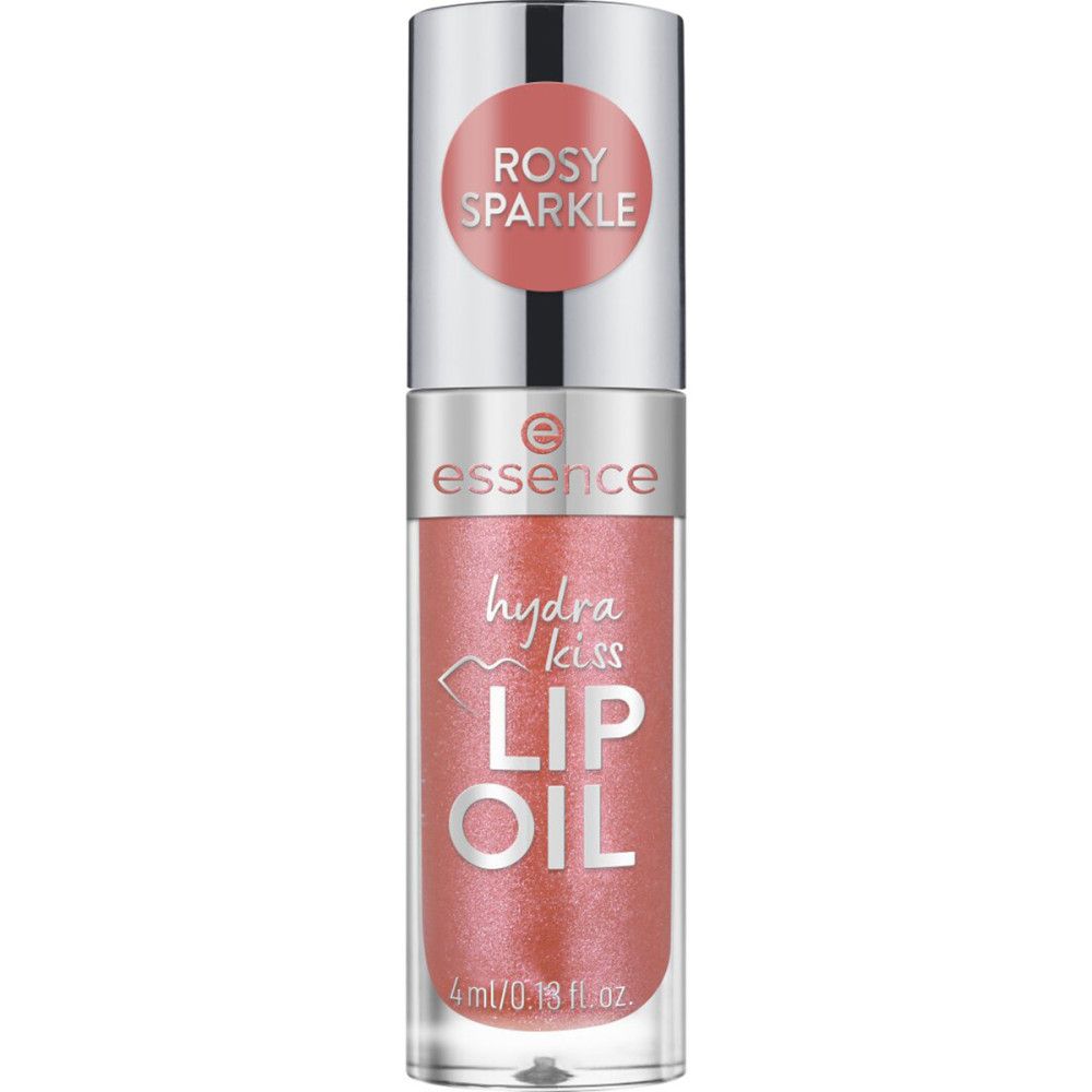 Lippenöl-Fläschchen mit rosa Inhalt. Aufschrift: 'Essence hydra kiss LIP OIL'. Auf dem Deckel steht 'Rosy Sparkle'.