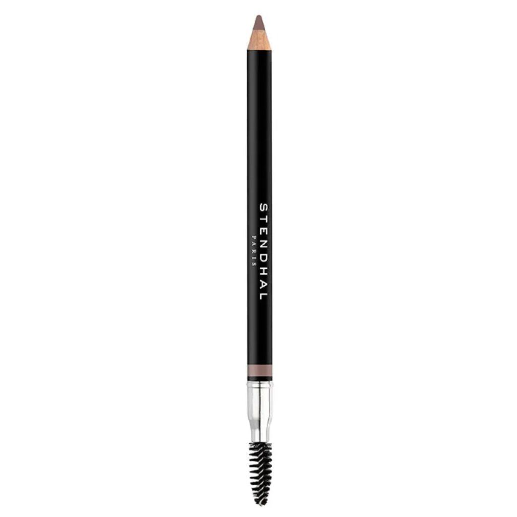 Stendhal Precision Eyebrow Pencil 402 Brun. Dunkelbrauner Stift mit Bürste. Schwarzer Schaft, silberne Spitze. Marke sichtbar.