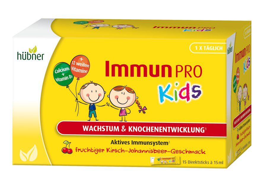 Gelbe Verpackung mit "Immun Pro Kids"-Schriftzug. Enthält Illustrationen von Kindern und Texten wie "Wachstum & Knochenentwicklung".
