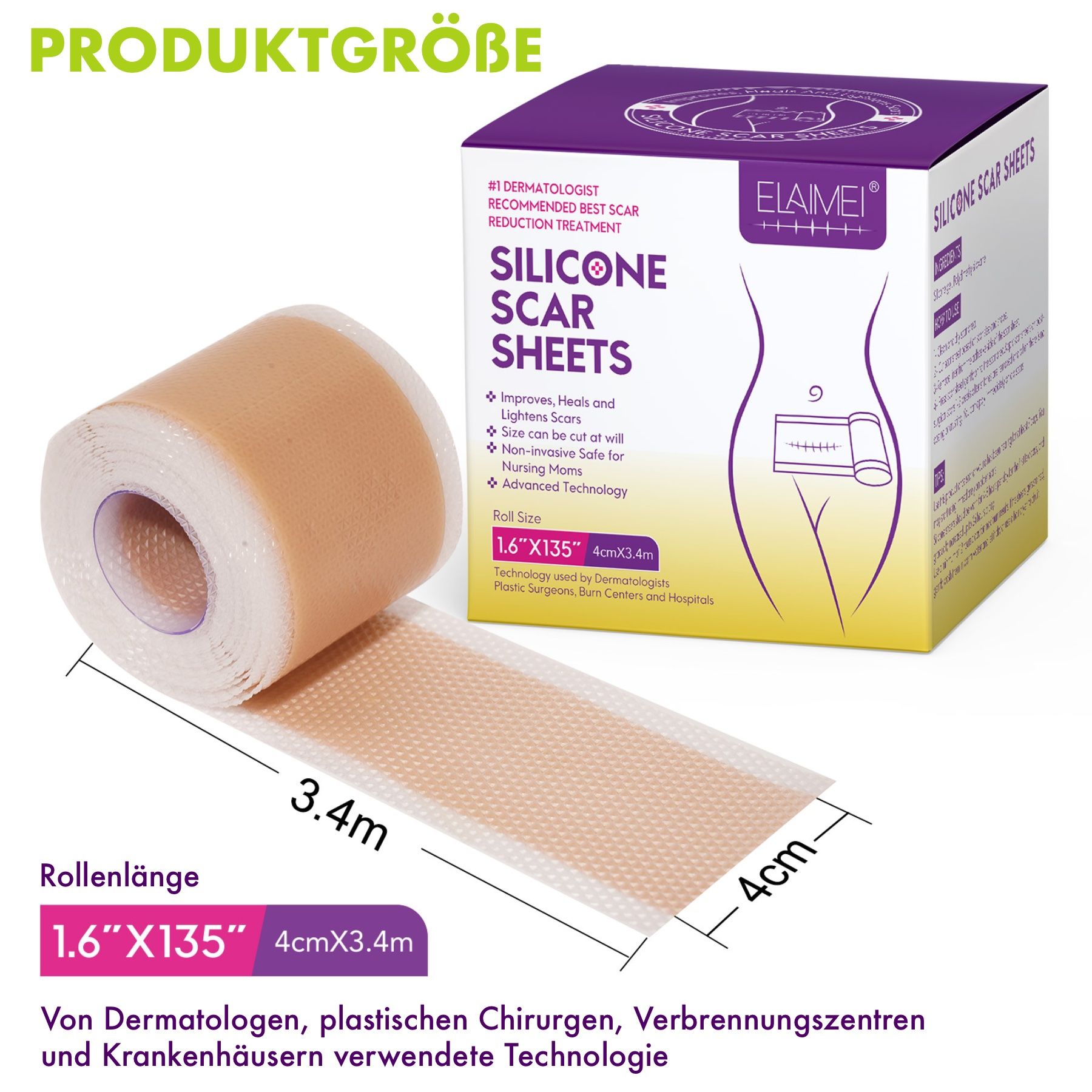 Produktverpackung und Rolle Silikonpflaster. Abmessungen: 4cm x 3,4m. Von Dermatologen empfohlen.