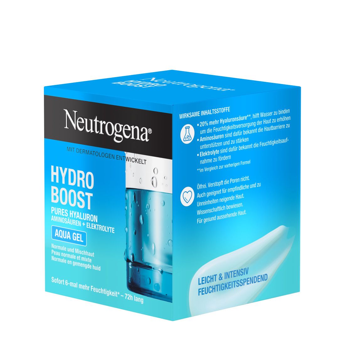 Neutrogena Hydro Boost Aqua Gel Verpackung. Blaue Schachtel mit Produktabbildung. Text: Hydro Boost, Aqua Gel.