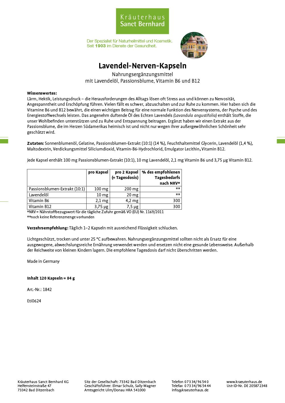 Produktinformationen: Lavendel-Nerven-Kapseln. Inhaltsstoffe, Dosierung, Anwendungshinweise. Marke: Sanct Bernhard. Text in Deutsch.