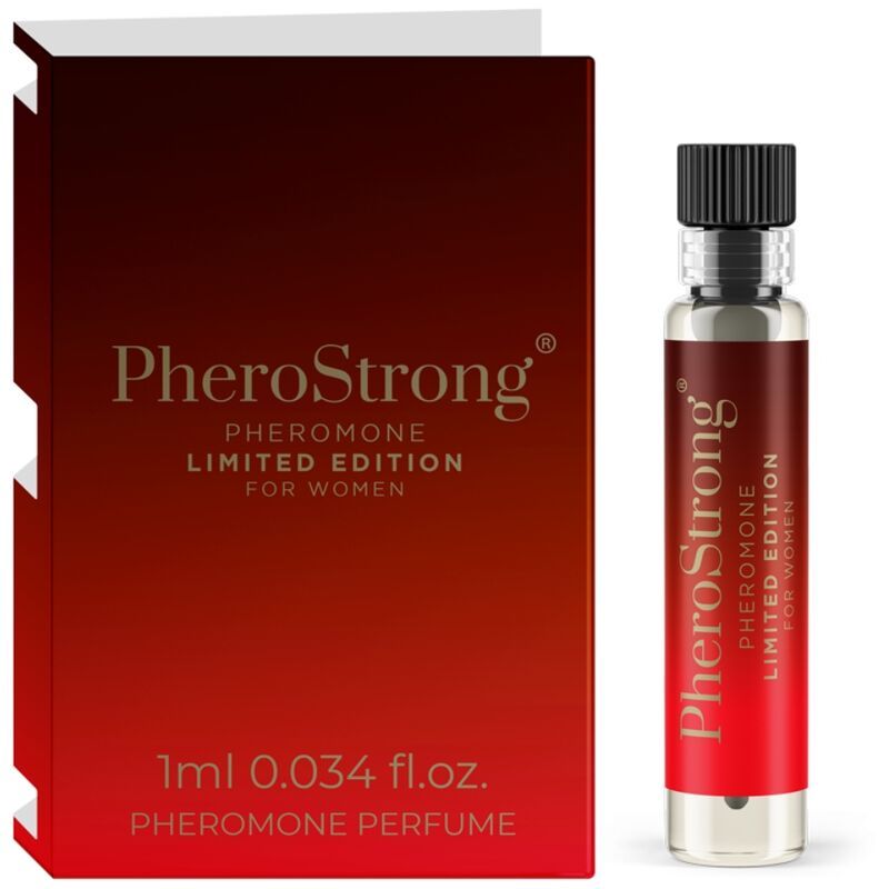 PheroStrong Pheromon Parfüm Limited Edition für Damen, 1ml Flakon und Schachtel.
