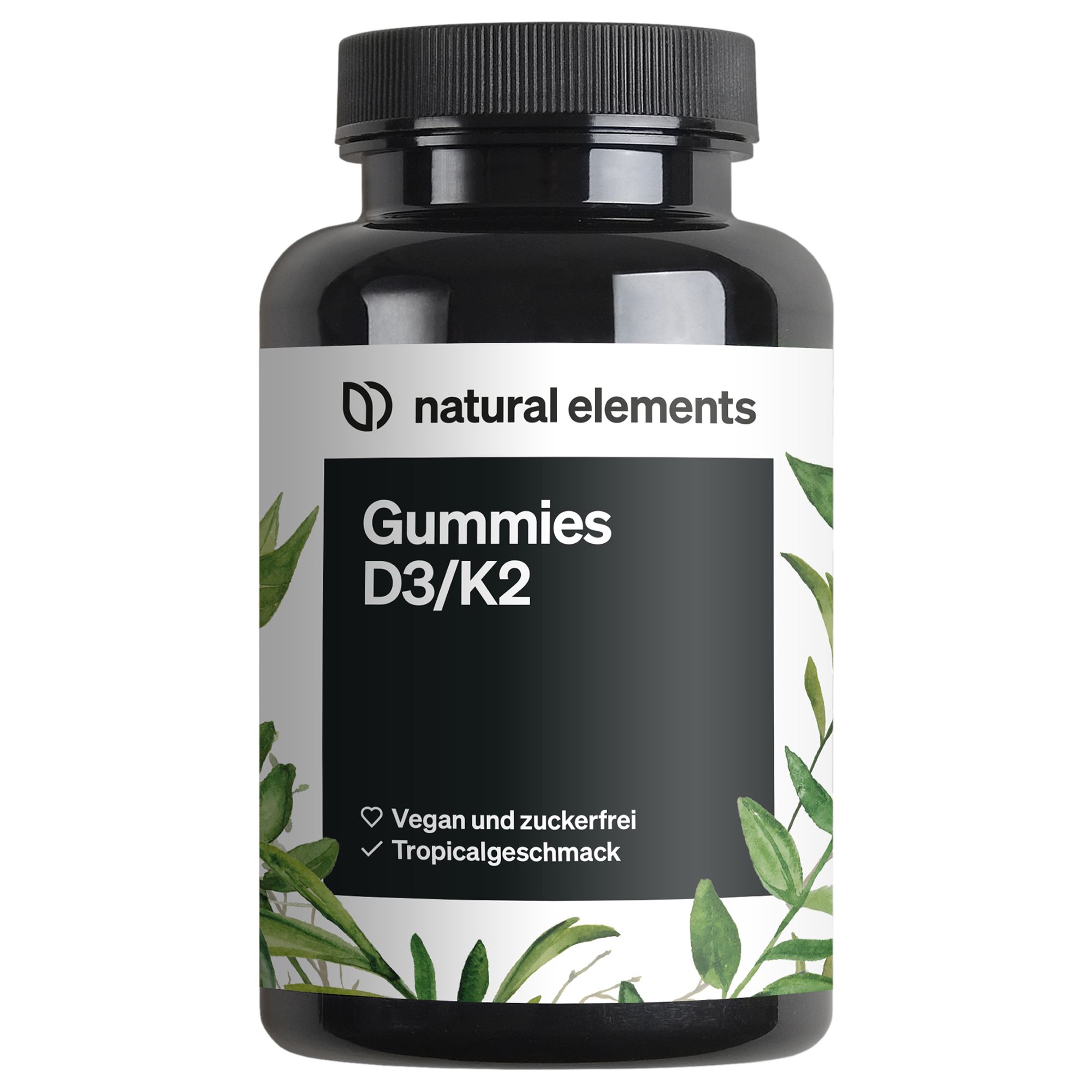 Schwarze Flasche mit Etikett. Aufschrift: Gummies D3/K2. Vegan und zuckerfrei. Tropicalgeschmack. Marke: natural elements.