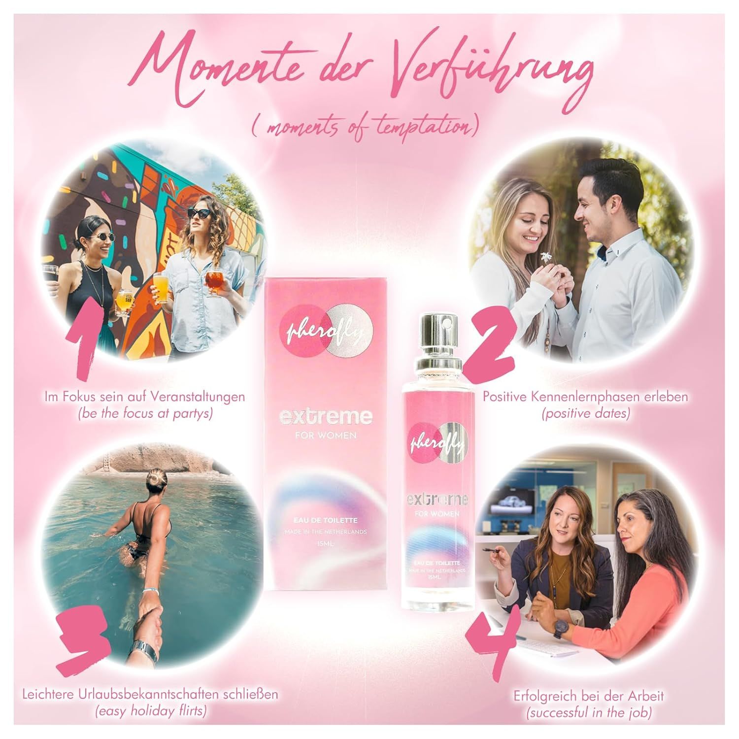 Produkt neben Szenen. Flakon und Schachtel mit Aufschrift: Pherofly Extreme for Women. Szenen: Paare, Urlaub, Arbeit.