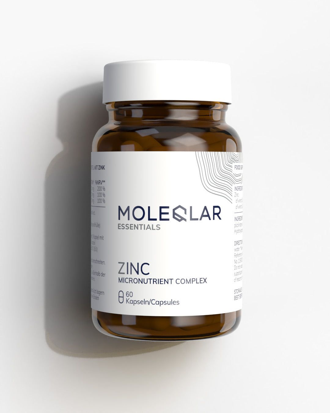 Braune Glasflasche mit weißem Deckel. Etikett mit "MoleQlar Essentials" und "Zink Micronutrient Complex". 60 Kapseln.