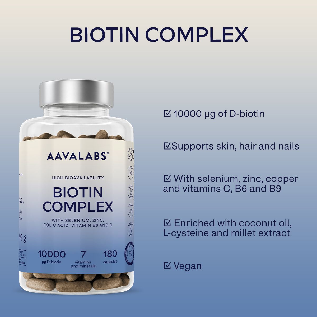 Aavalabs Biotin Komplex Flasche mit Liste der Vorteile und Inhaltsstoffe.
