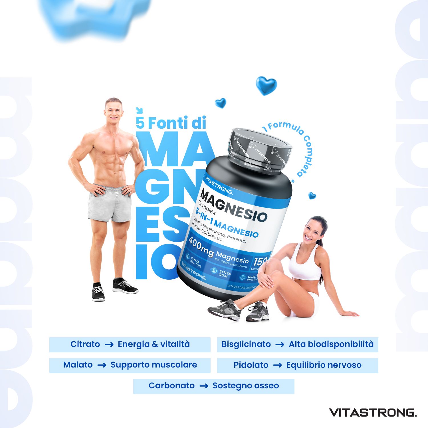 Vitastrong Magnesium-Komplex 5-in-1. Flasche mit Tabletten. Zwei Personen. Text: 5 Quellen, Magnesium.
